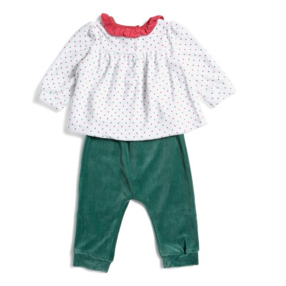 LITTLE ME Green Newborn Girls 2pc Holly Dot Top And Pants Set - Picture 2 of 2